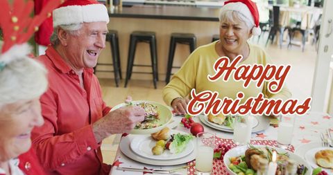 Senior Friends Enjoying Christmas Feast with Joy