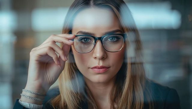 Confident professional woman adjusting glasses through reflective window with soft bokeh
