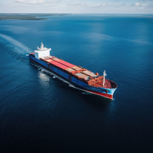 Large cargo ship cruising on open sea under clear blue sky. Ideal for uses in discussions about global shipping, logistics, maritime transportation, international trade, and the shipping industry.