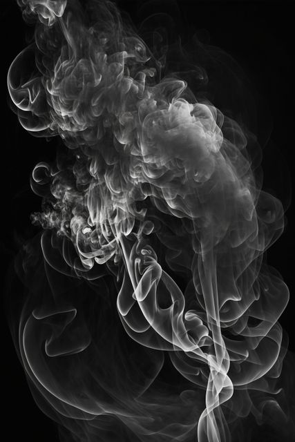 Abstract wisps of white smoke swirling against a dark background, creating a sense of mystery and elegance. Useful for graphic design projects, backgrounds, or artistic concepts emphasizing abstract forms, ethereal aesthetics, and motion.