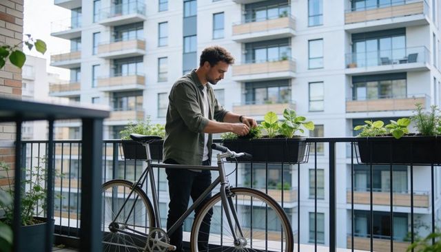 Man tending balcony planters with bicycle on urban apartment terrace, container gardening