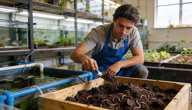 Urban aquaponics farmer harvesting worms from vermicompost bin in greenhouse research lab
