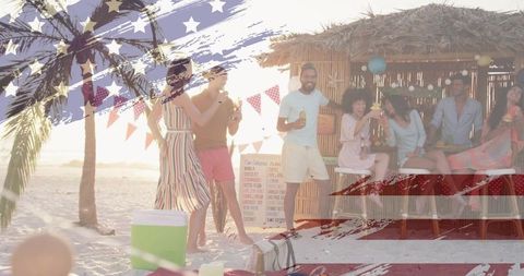 Friends celebrating summer at beach tiki bar with american flag brush overlay