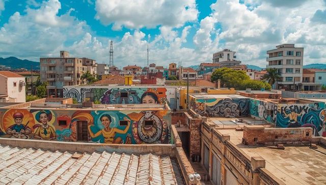 Vibrant Cityscape with Graffiti and Rooftop Murals under Blue Sky