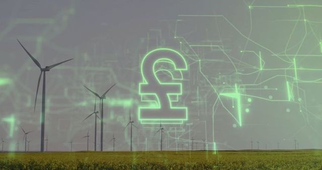 Futuristic green energy landscape with pound symbol