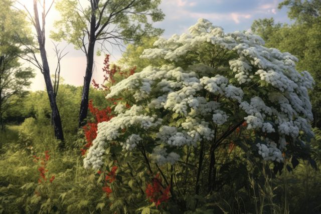 Blooming elderflower bush in a serene forest setting with lush greenery and sunlight streaming through the trees. Ideal for use in nature-related projects, botanical studies, or adding a touch of natural tranquility to designs.