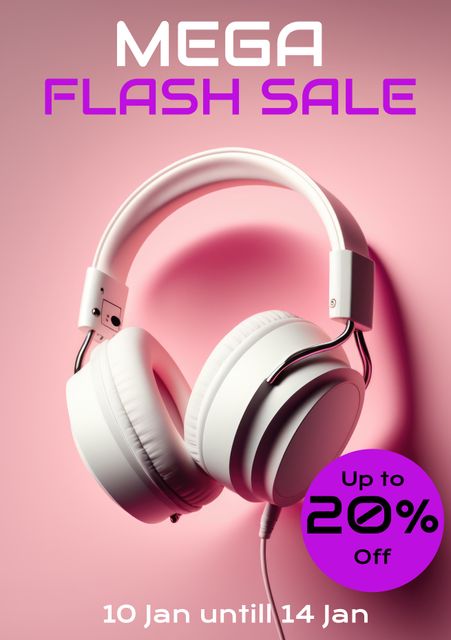 White headphones hanging against vibrant pink background. Text promotes mega flash sale happening from 10 Jan until 14 Jan with up to 20 percent off. Great for advertising promotions, electronic sales, and limited-time offers.