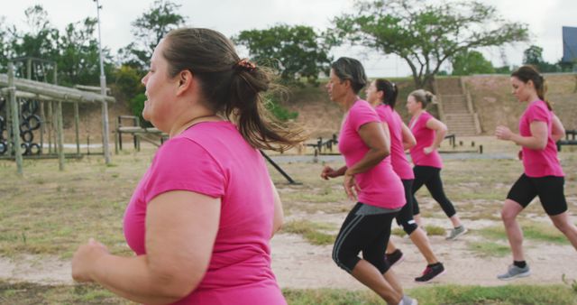 Determined caucasian female friends in pink t shirts running across bootcamp training course. Female fitness, friendship, challenge and healthy lifestyle.