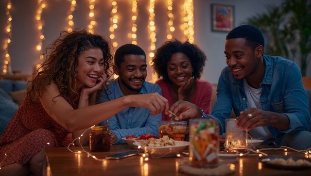 Friends sharing snacks and laughter around coffee table with warm fairy lights and candles
