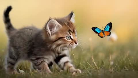 Tabby Kitten Chasing Blue-Orange Butterfly Across Sunlit Meadow, Playing and Pouncing