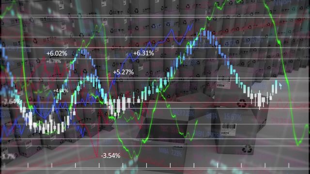 Graphical illustrations of stock market analysis with superimposed financial data over a backdrop of boxes. Useful for presentations on financial analysis, economic trends, trading tools, or digital finance software.