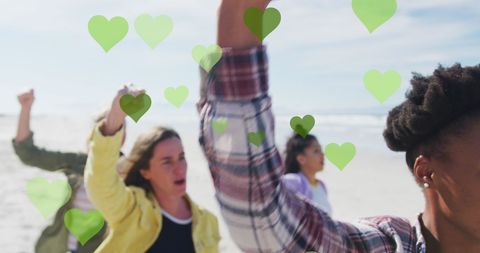 Diverse Group Protesting on Beach with Heart-Shaped Symbolism