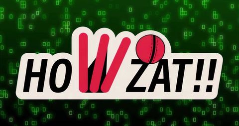 Glowing howzat esports logo showcasing cricket stumps and ball on neon digital grid