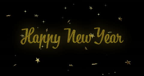 Festive Happy New Year Text with Rotating Gold Stars