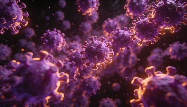 Glowing purple coronavirus particle with spike proteins, close-up microscopic rendering