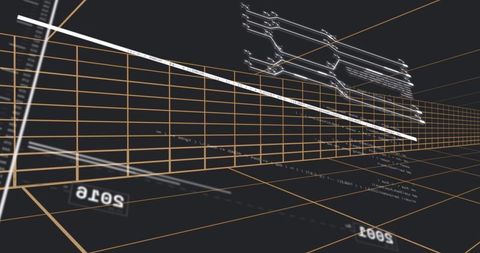 3D Wireframe Corridor with Orange Grid and Circuit Traces Showing Futuristic Data Tunnel