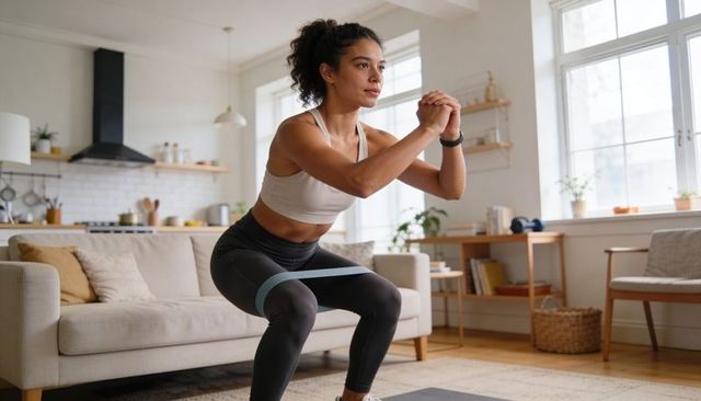 Resistance band squat for home fitness and strength training in bright minimal living room