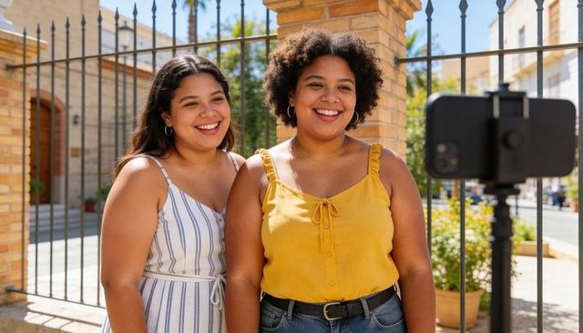 Two friends recording smartphone video on tripod outdoors smiling in summer dresses and casual top