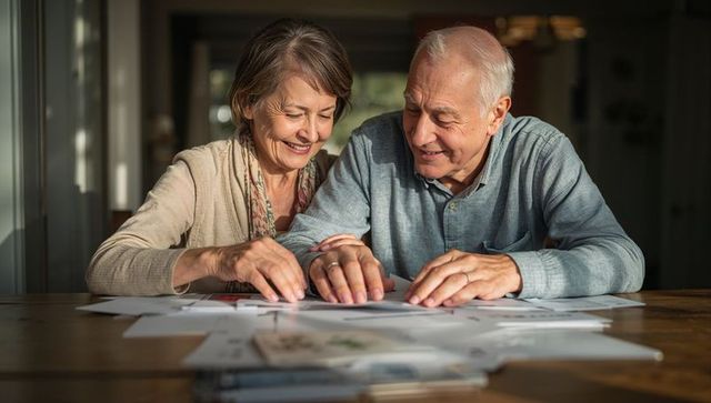 Senior couple sorting mail and paperwork at sunlit wooden table, retirees planning finances