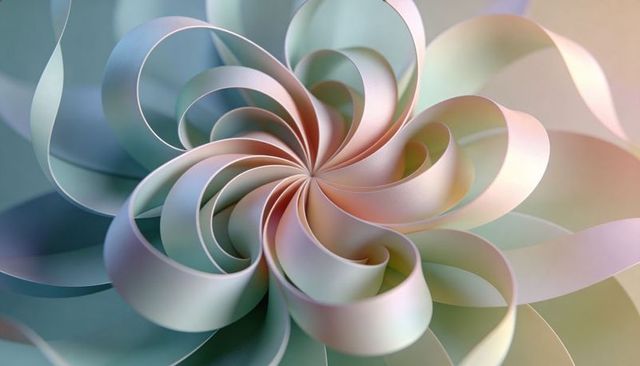 Pastel paper spiral sculpture forming layered curled petals abstract floral macro