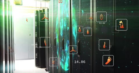 Ecology Icons Overlaid on Modern Server Room - Download Free Stock Images Pikwizard.com