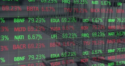 Digital Financial Data Overlay on Shopping Cart Background