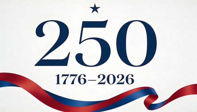 250th anniversary 1776–2026 elegant navy numeral with patriotic red and blue ribbon