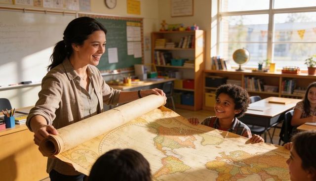 Teacher unrolling antique world map while engaging elementary students in sunlit classroom