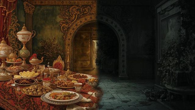 Opulent Banquet Table and Shadowed Manor Corridor Split Composition Evoking Decadence