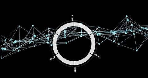 Circular Data Network Visualization with Cyan Nodes, Segmented Ring Interface, Mesh