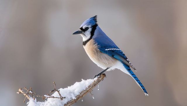 Blue jay perched on snowy twig raising crest winter wildlife close-up portrait