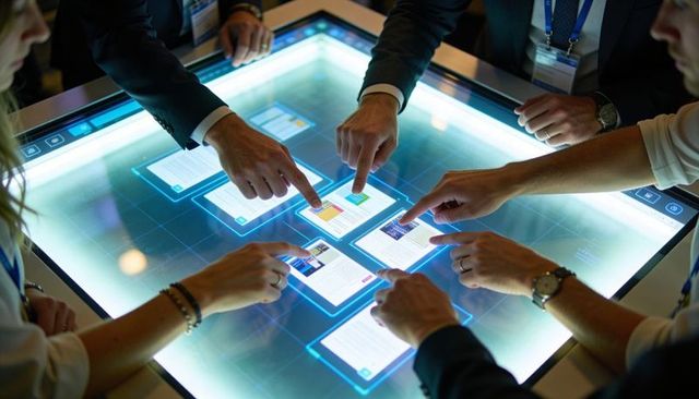 Business team collaborating on multi-touch table at conference workshop with interactive display