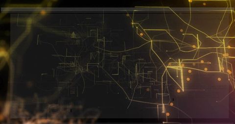 Futuristic Gold Network Interface with Glowing Orange Nodes and Circuitry Visualization