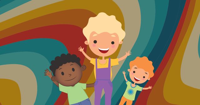 Cheerful cartoon illustration featuring diverse children with their hands raised celebrating on a vibrant, colorful background. Perfect for educational materials, children's books, daycare promotions, or playful decor. Highlights joy, togetherness, and diversity among kids.