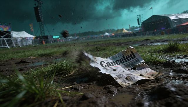 Festival canceled headline sinking in mud under stormy sky, rain, empty stages