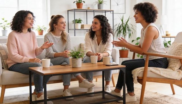 Four friends chatting in cozy living room with coffee mugs, plants and casual style