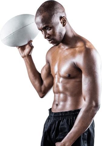 Transparent Shirtless Athlete Posing with Rugby Ball
