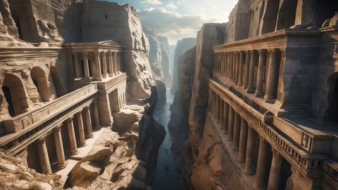 Ancient rock-cut facades in desert canyon