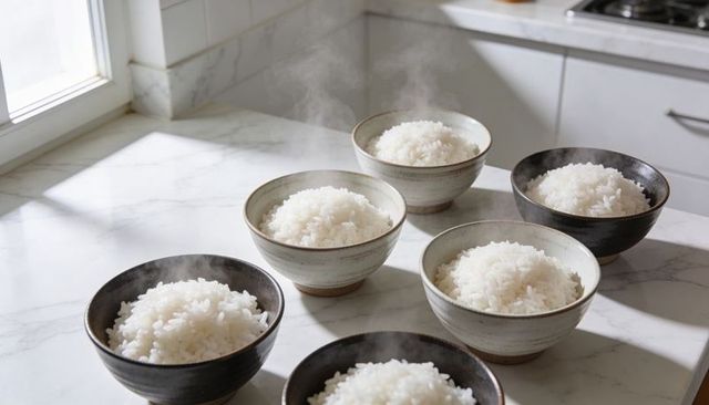Steaming rice in ceramic bowls on sunlit marble counter minimalist stoneware kitchen