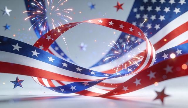 Twisting patriotic ribbons with fireworks and star confetti for fourth of july design