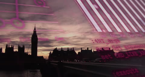 Digital Data Processing Over Sunset in London Cityscape
