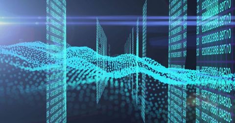 Futuristic virtual data stream with glowing particles and panels