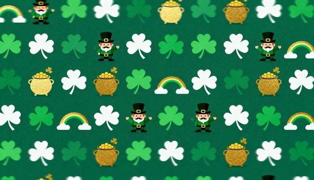 Celebrating st patrick's day with repeating shamrocks leprechauns pots of gold and rainbows pattern