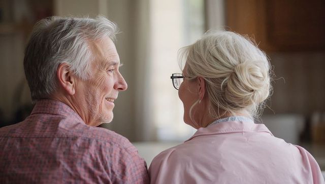 Senior couple leaning together by kitchen window in warm conversation and companionship