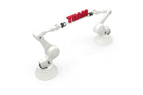 Transparent robotic arms holding team text