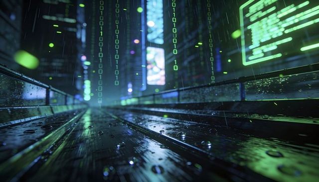 Cyberpunk neon walkway reflecting rain, digital code in futuristic holographic night city