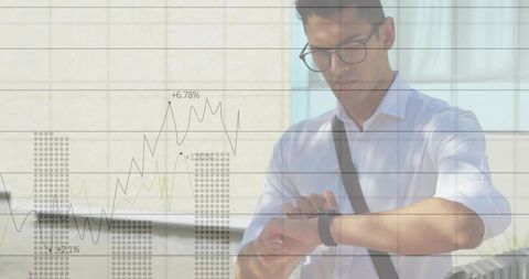 Businessman checking smartwatch while finance charts overlaying glass terrace for analytics