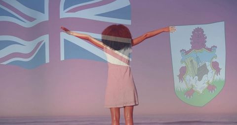 Woman stretching arms on pastel shore with bermuda crest and union jack overlay, silhouette
