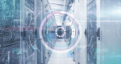 Futuristic data center aisle with holographic overlay technology