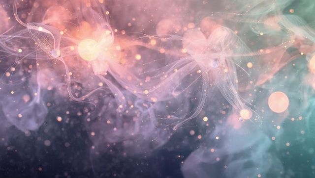 Dreamlike nebula with glowing orbs, ethereal tendrils, soft bokeh and floating particles